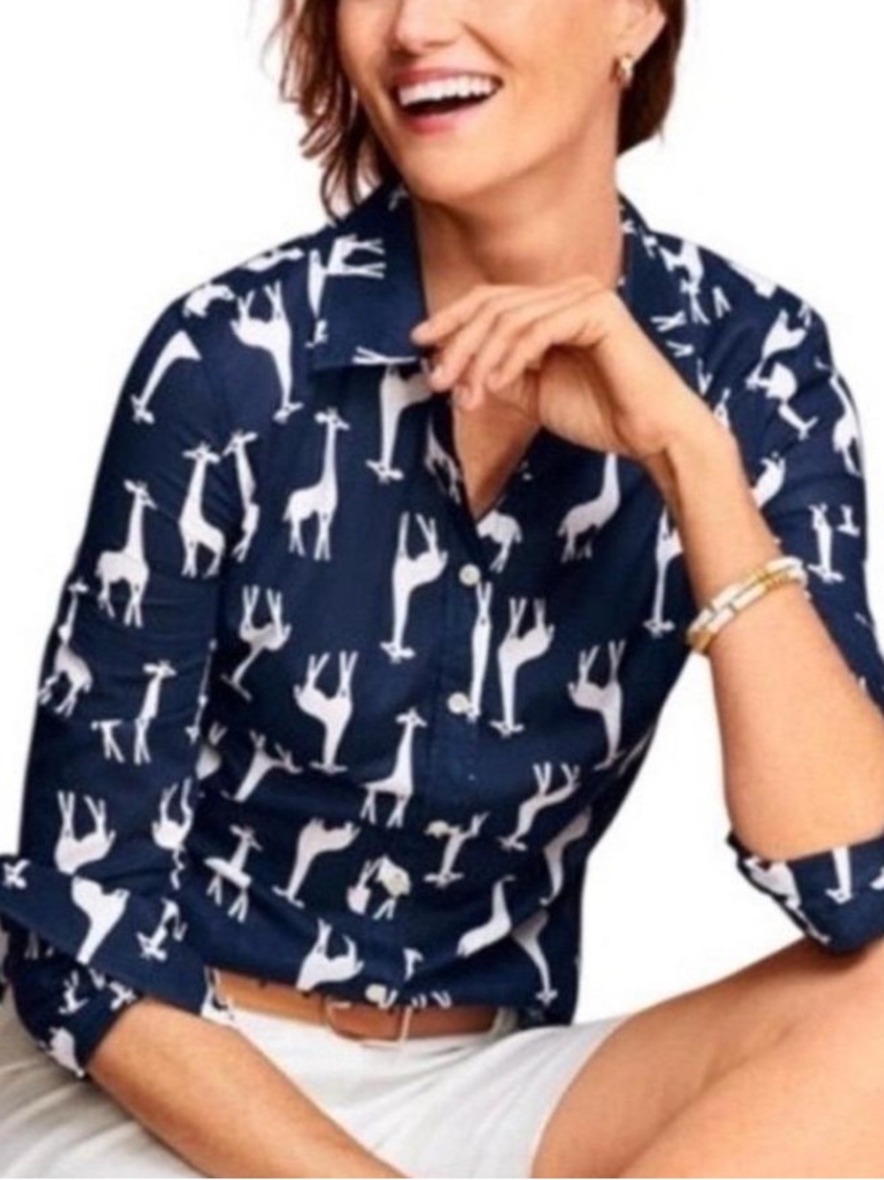 Talbots Petite Women’s Giraffe Print Collared Button-down Top - size Medium
